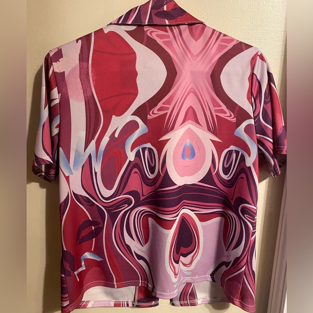 Pink Pattern Button Down Short Sleeve Top - image 3